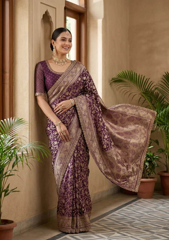 Wine Stonework (Gold) Art Silk Saree